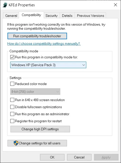 Compatibility settings for KFEd.exe