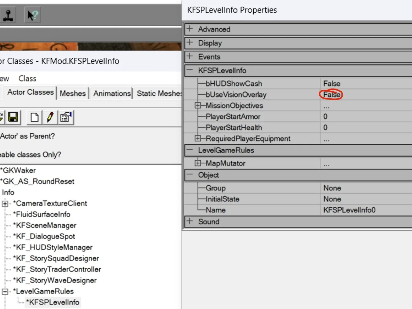 KFSPLevelInfo properties with bUseVisionOverlay set to False
