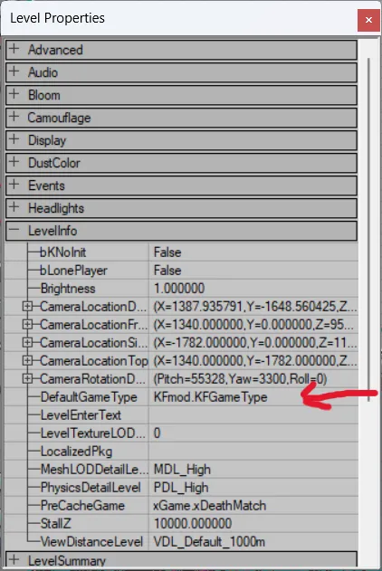 Level Properties window in the KF SDK
