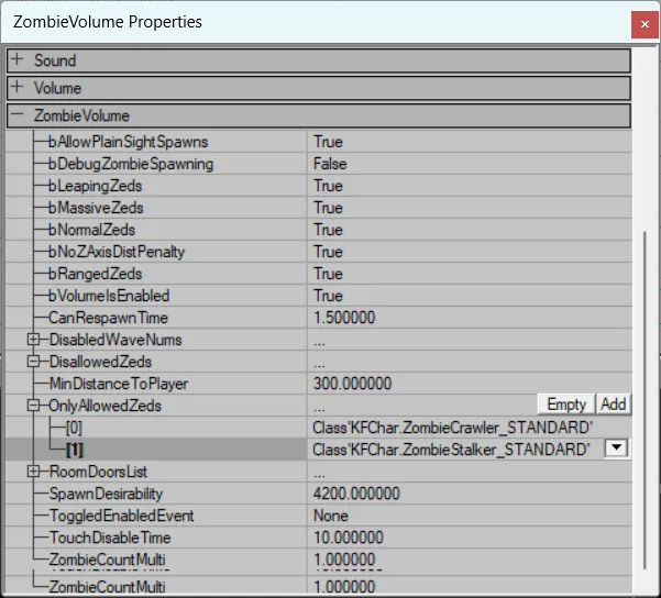 ZombieVolume properties in the KF SDK